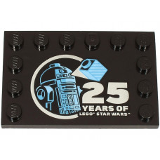 LEGO csempe 4×6 3 szélén bütykökkel R2-D2 figura és '25 YEARS OF LEGO STAR WARS' felirat mintával, fekete (107829)